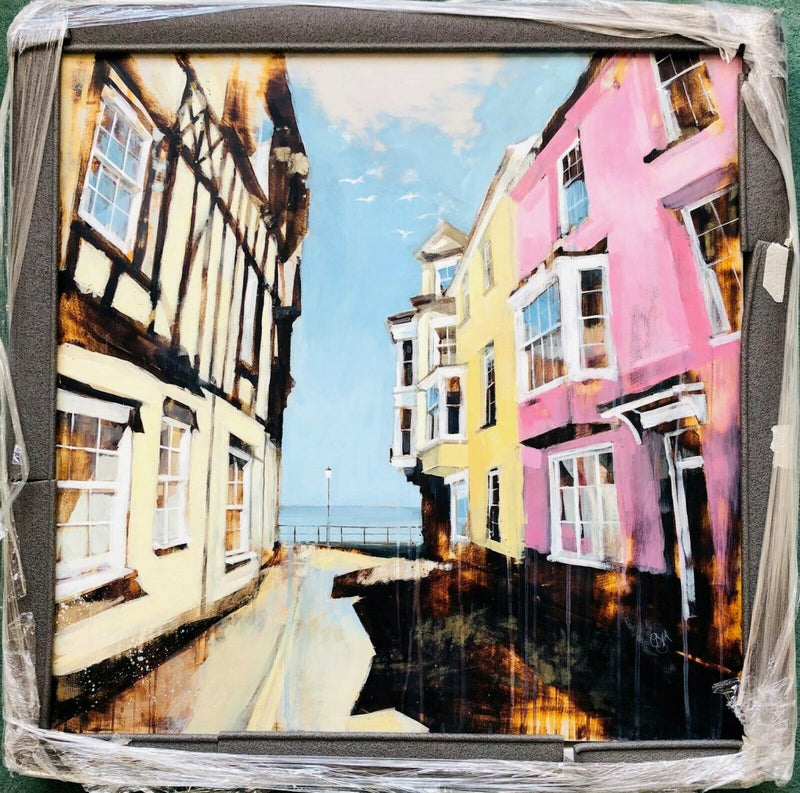 CAMILLA DOWSE (BRITISH, C20th) -RASPBERRY RIPPLE- COASTAL TOWN, OIL ON BOARD, SIGNED