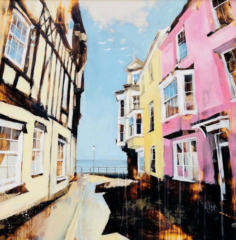 CAMILLA DOWSE (BRITISH, C20th) -RASPBERRY RIPPLE- COASTAL TOWN, OIL ON BOARD, SIGNED