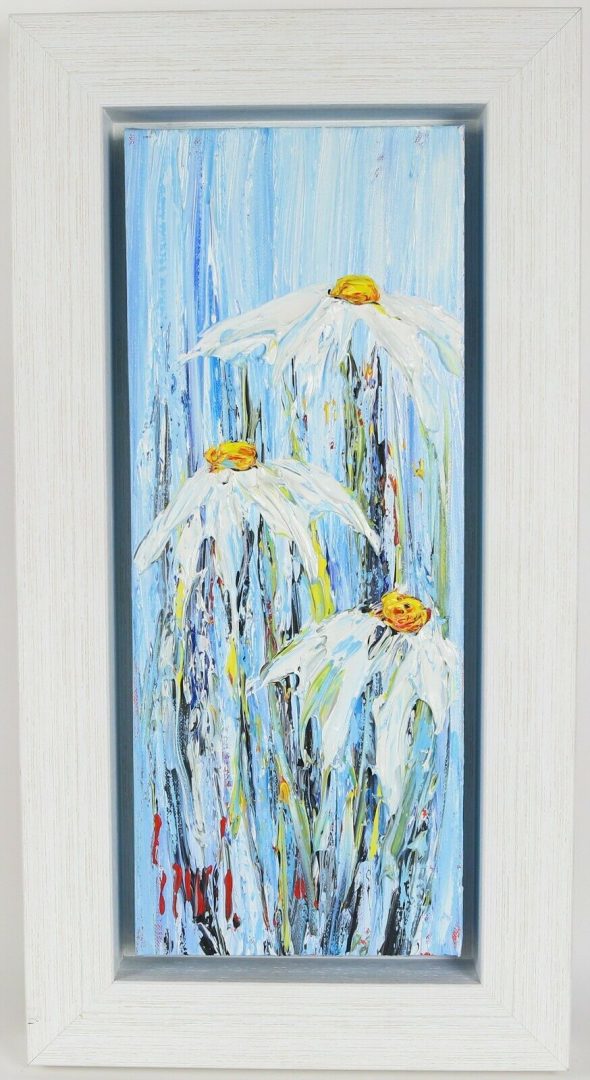 CARL SCANES (BRITISH, b.1961) -THREE WHITE CONEFLOWERS- FLORAL STUDY, ORIGINAL OIL ON CANVAS, SIGNED