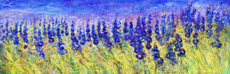 CARL SCANES, 'TWILIGHT DELPHINIUMS', FLORAL STUDY, LARGE OIL ON CANVAS, SIGNED