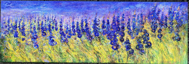 CARL SCANES, 'TWILIGHT DELPHINIUMS', FLORAL STUDY, LARGE OIL ON CANVAS, SIGNED