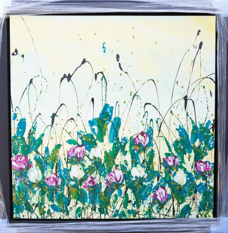 CLARE SYKES (BRITISH, b.1972) -FIRST TULIPS- FLORAL LANDSCAPE, LARGE BOX CANVAS PAINTING
