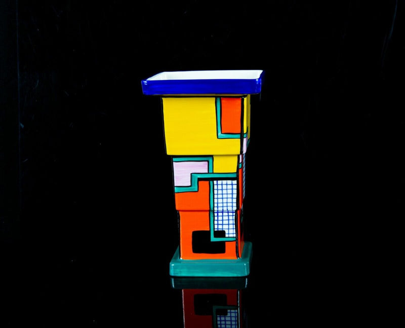CLARICE CLIFF BY WEDGWOOD -FOOTBALL- BIZARRE SQUARE STEPPED TAPERING VASE, BOXED