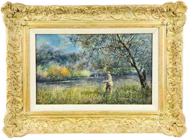 CLIVE MADGWICK 'GRAYLING FISHING, EAST ANGLIA' OIL ON BOARD, SIGNED