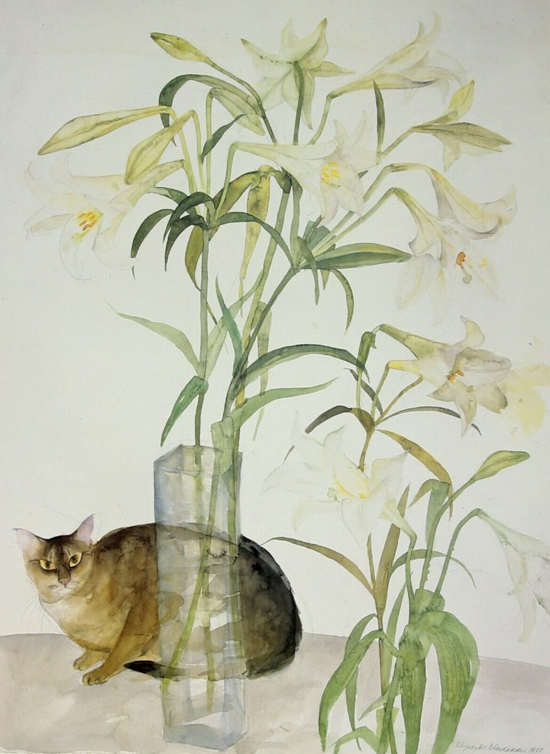 DAME ELIZABETH BLACKADDER, 'ABYSSINIAN CAT &amp; LILLIES', LIMITED EDITION PRINT, SIGNED