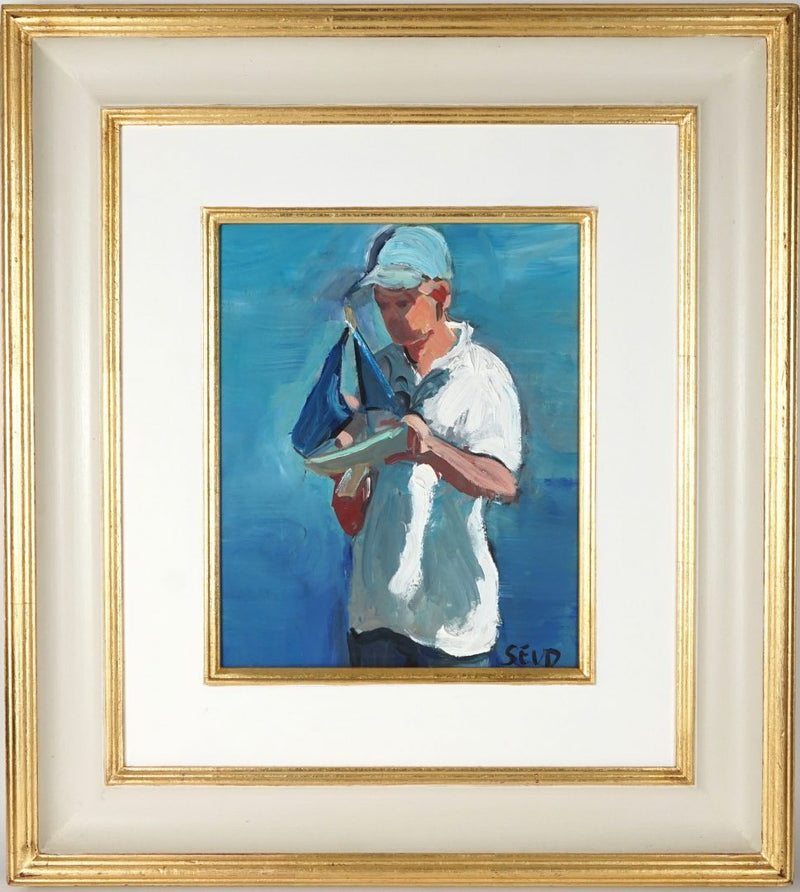 SHERREE VALENTINE DAINES - BOY & SAILING BOAT, ORIGINAL MIXED MEDIA, PAINTING SIGNED