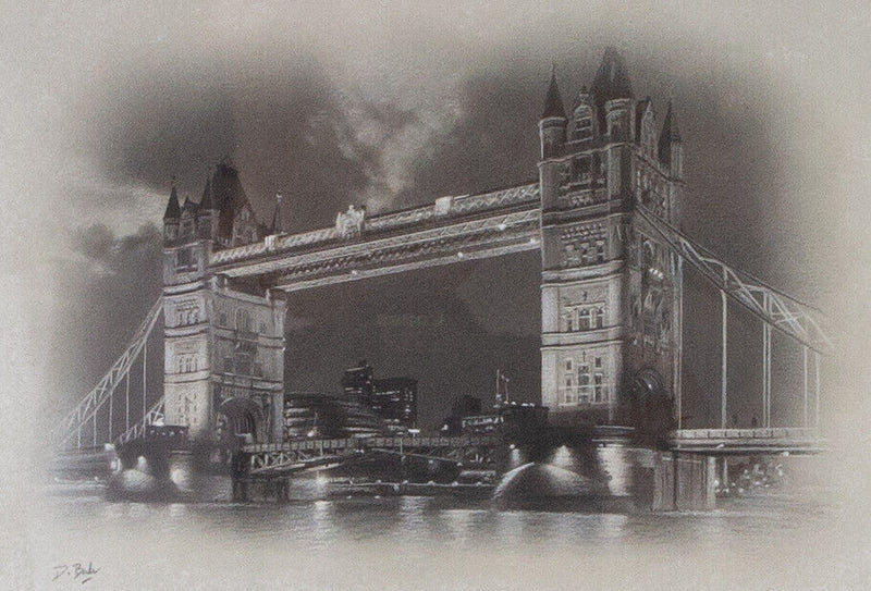 DARREN BAKER (BRITISH, b.1976) -TOWER BRIDGE, LONDON- CHARCOAL DRAWING, SIGNED