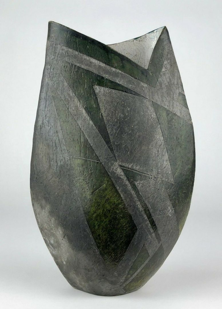 DAVID HOWARD JONES - c1980 BRITISH STUDIO ART POTTERY GREY RAKU ABSTRACT VASE
