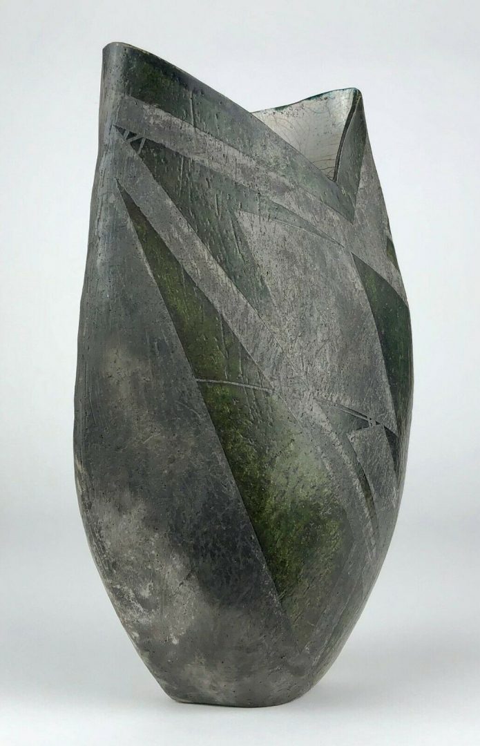 DAVID HOWARD JONES - c1980 BRITISH STUDIO ART POTTERY GREY RAKU ABSTRACT VASE