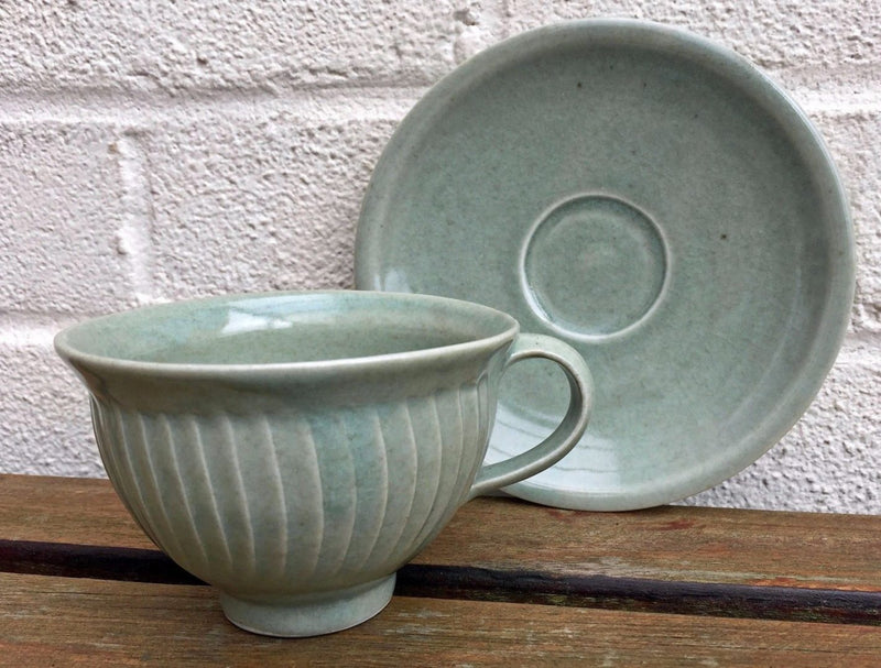 DAVID LEACH, LOWERDOWN- STUDIO POTTERY GREEN CELADON TEA CUP &amp; SAUCER DISH