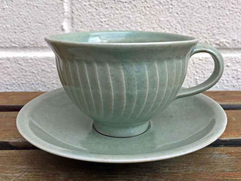DAVID LEACH, LOWERDOWN- STUDIO POTTERY GREEN CELADON TEA CUP &amp; SAUCER DISH