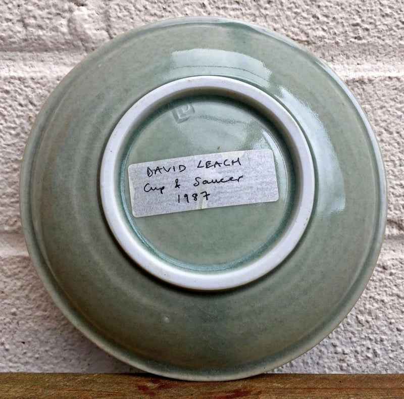 DAVID LEACH, LOWERDOWN- STUDIO POTTERY GREEN CELADON TEA CUP &amp; SAUCER DISH