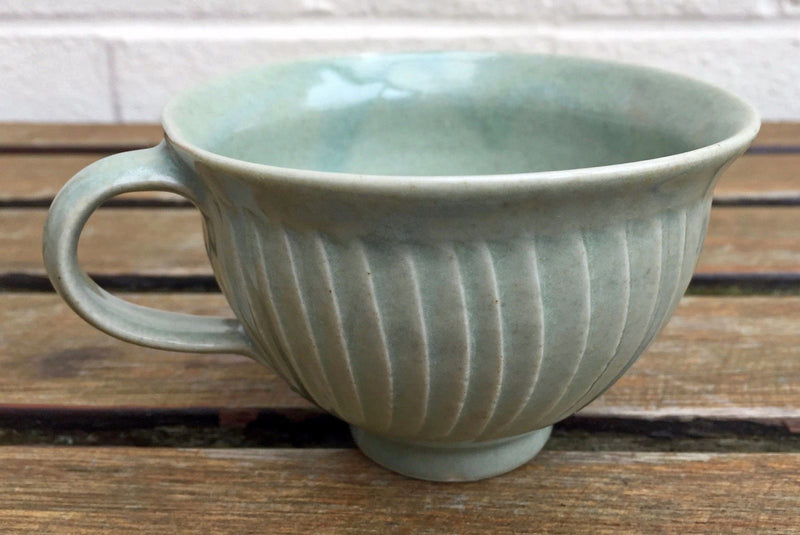 DAVID LEACH, LOWERDOWN- STUDIO POTTERY GREEN CELADON TEA CUP &amp; SAUCER DISH