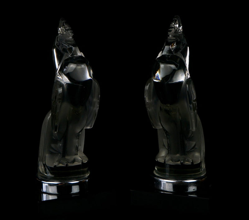 R LALIQUE, FRANCE 'SERRE LIVRES COQ HOUDAN' GLASS COCKEREL MASCOT BOOKENDS No. 1161