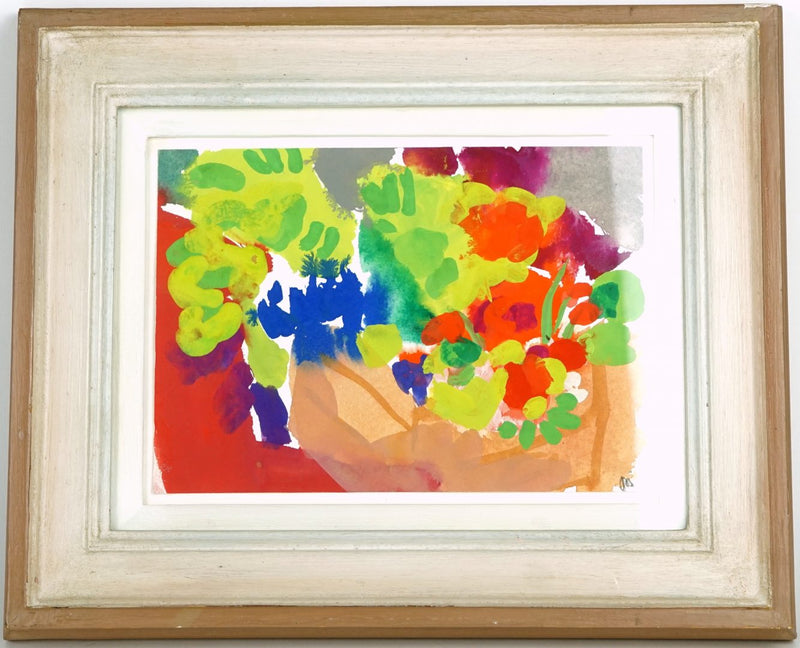JULIAN BAILEY - FLOWERS IN A WOODEN BOX, STILL LIFE, GOUACHE PAINTING, SIGNED