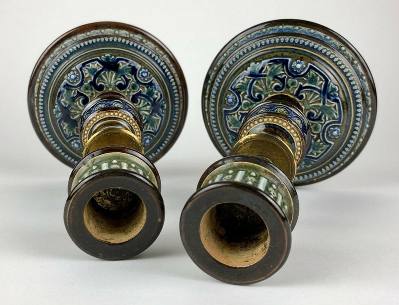ELIZA SIMMANCE for DOULTON LAMBETH - STONEWARE & BRASS CHAMBER CANDLESTICKS PAIR
