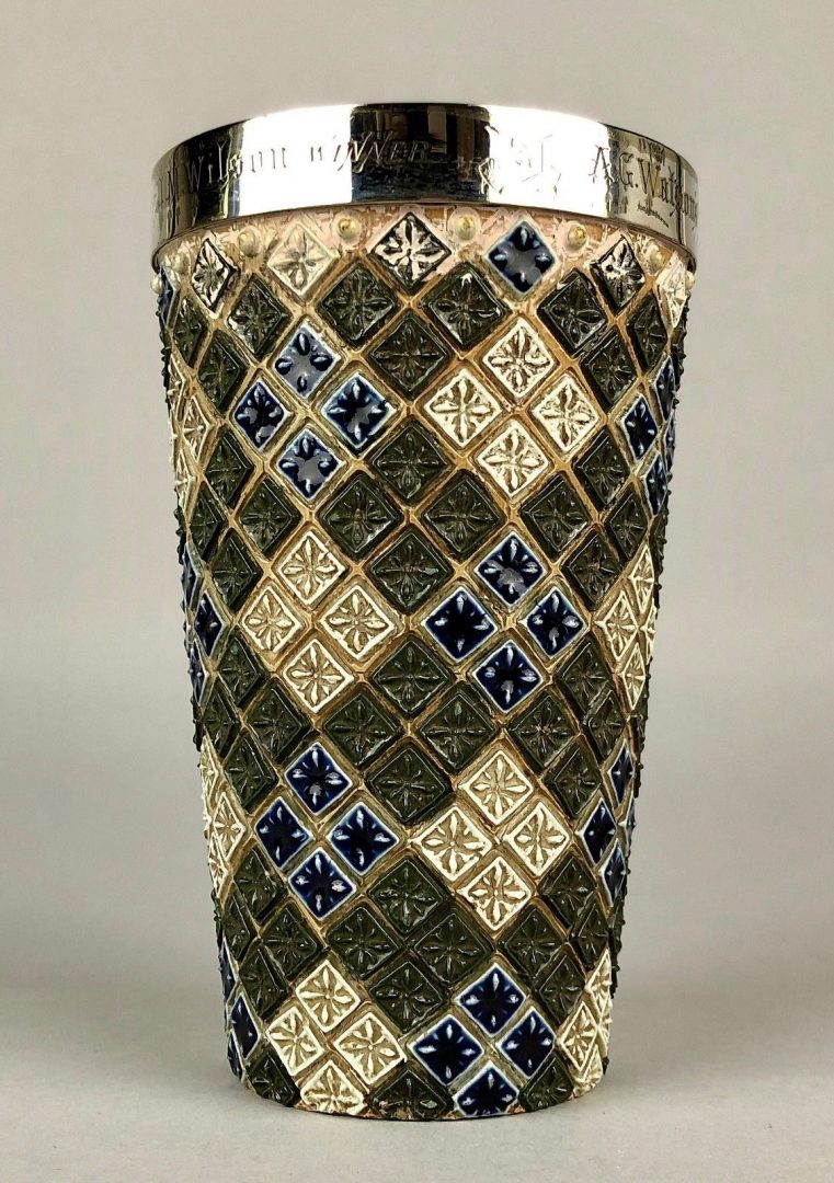 EMMA SHUTE for DOULTON LAMBETH - c1879 BLUE/GREEN STONEWARE BEAKER