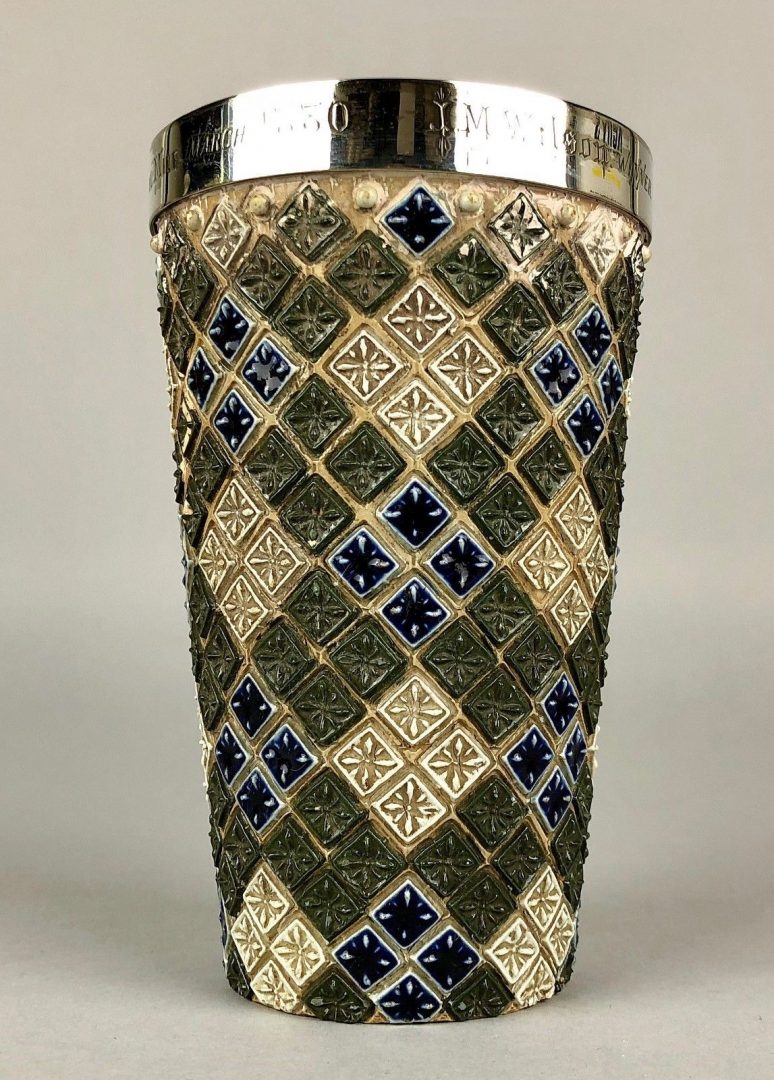 EMMA SHUTE for DOULTON LAMBETH - c1879 BLUE/GREEN STONEWARE BEAKER