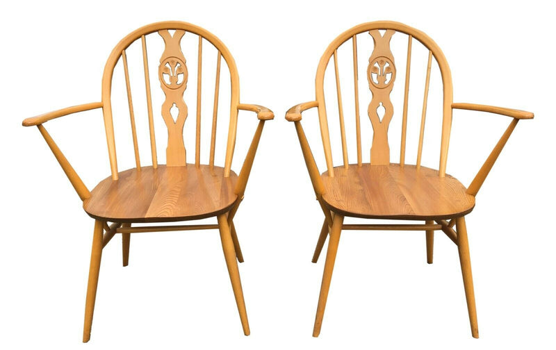 ERCOL - SET OF 6 BEECH/ELM BLONDE WINDSOR HOOP BACK DINING CHAIRS, MODEL 400