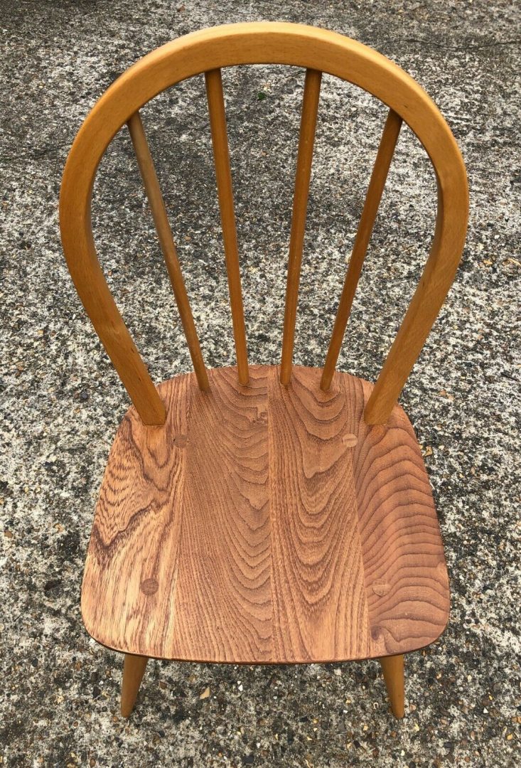 ERCOL - SET OF 6 BEECH/ELM BLONDE WINDSOR HOOP BACK DINING CHAIRS, MODEL 400