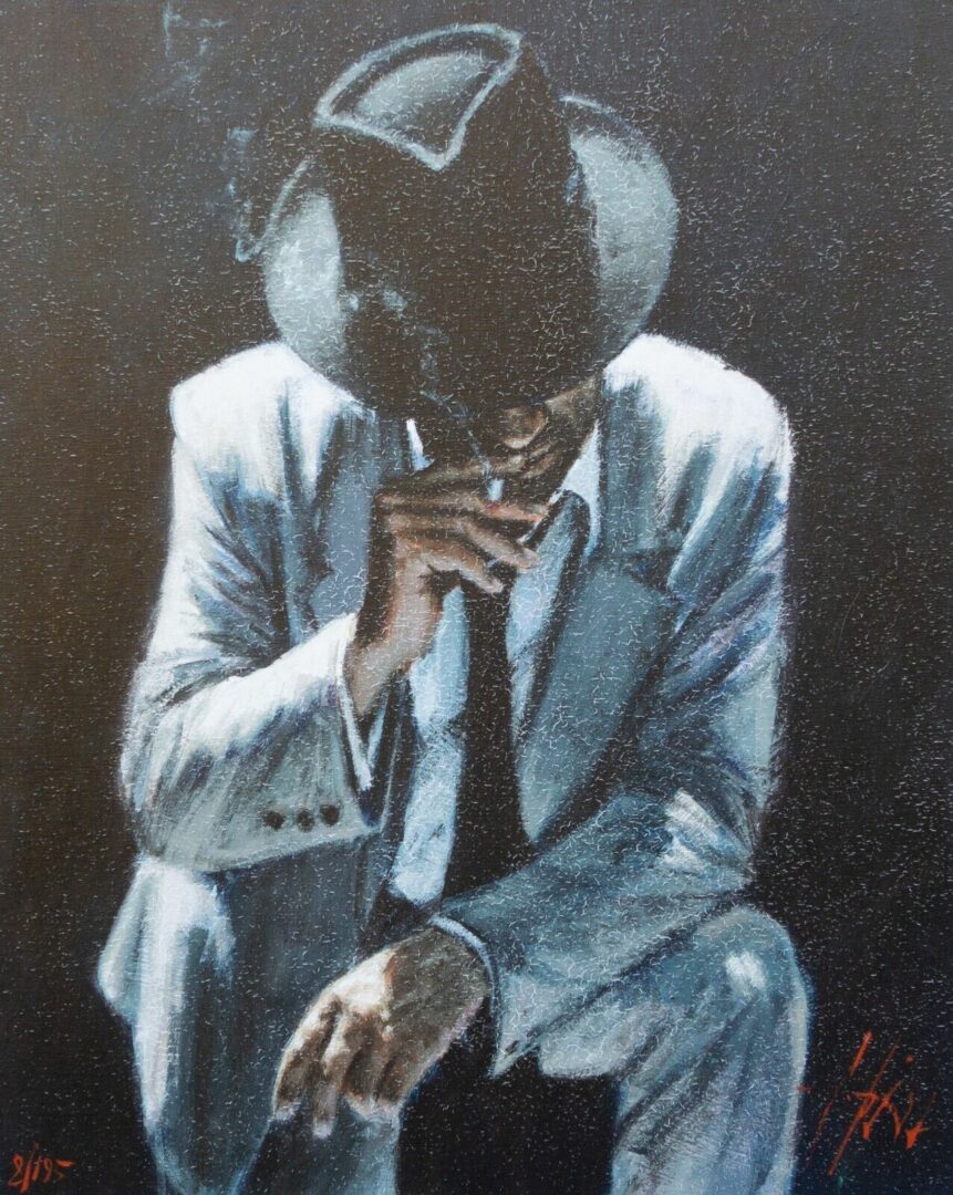 fabian perez man lighting cigarette Fabian Perez -Under The Light With White Suit- Limited Edition Print 8/195  &Amp; Coa — PM Antiques & Collectables