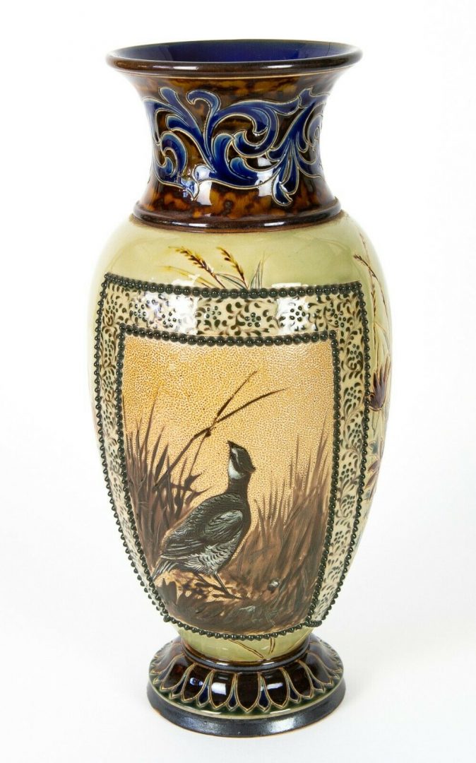 FLORENCE BARLOW for DOULTON LAMBETH - c1886 LARGE PHEASANT FOLIAGE STONEWARE VASE