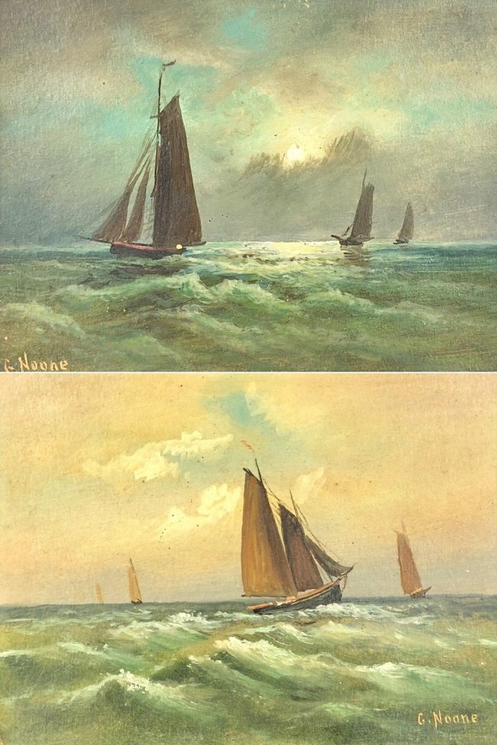 G. NOONE - FISHING BOATS COASTAL MARINE SCENE SEASCAPE, SIGNED OIL ON BOARD PAIR