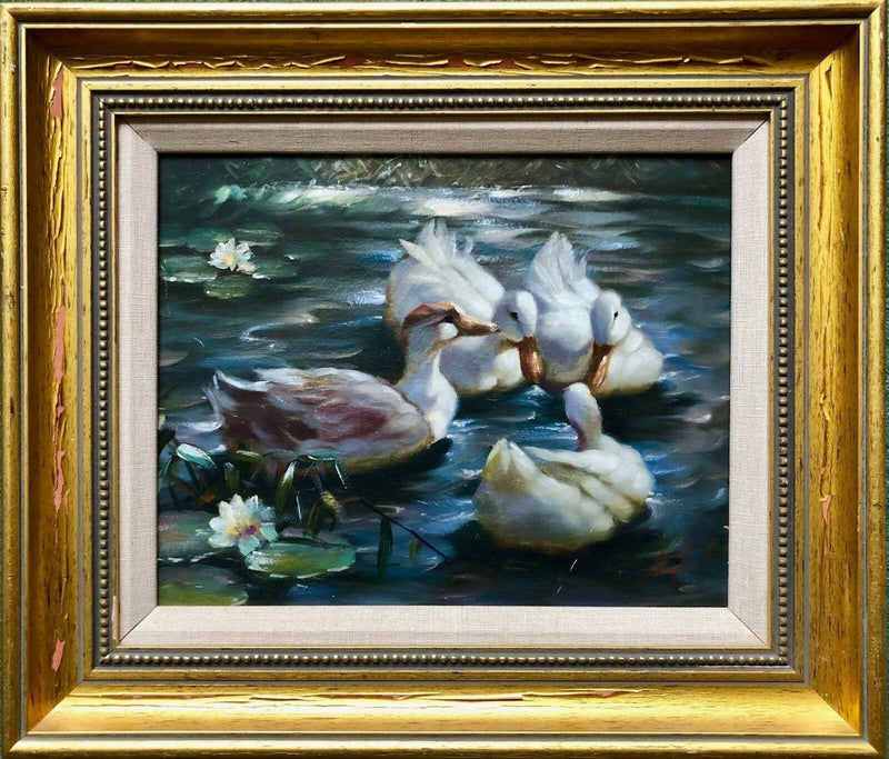 GERHARD MERFORT (b.1927) -FOUR DUCKS ON A POND- OIL ON BOARD, SIGNED