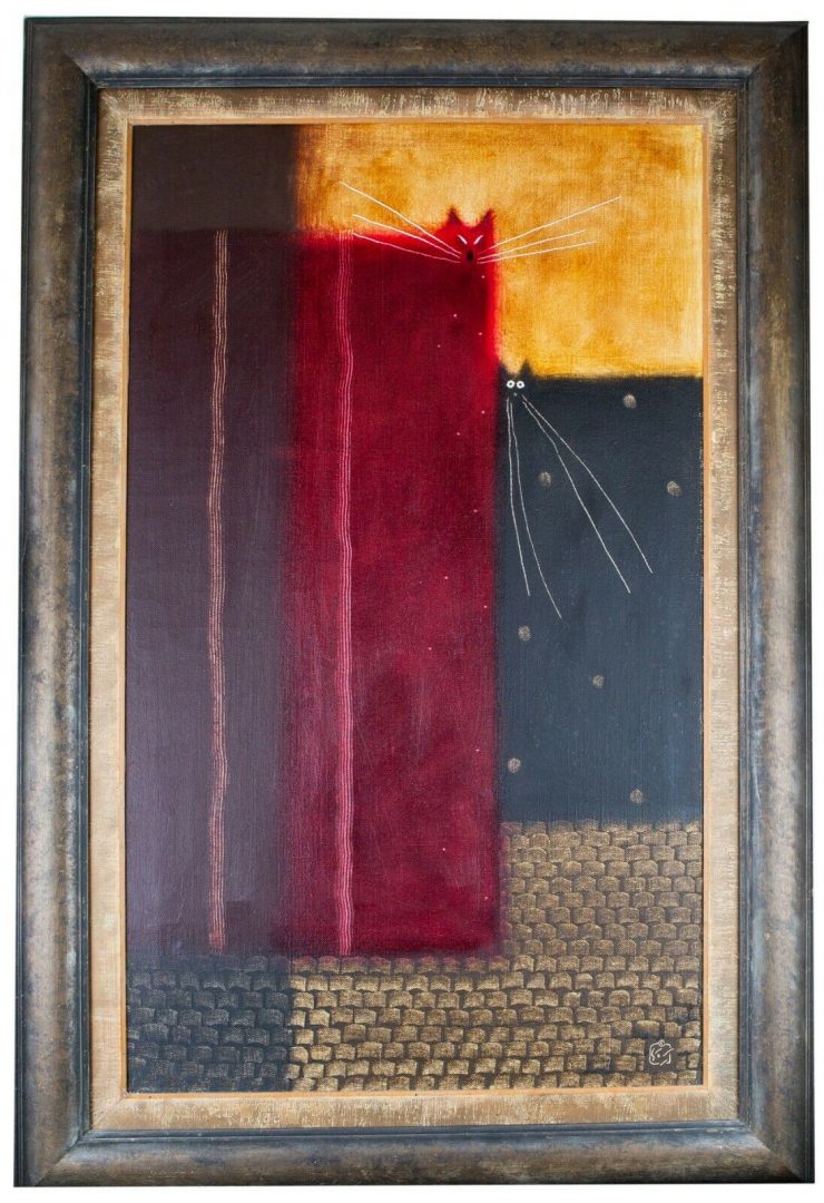 GOVINDER NAZRAN (BRITISH, 1964-2008) -TWO CATS- ORIGINAL OIL ON CANVAS, SIGNED