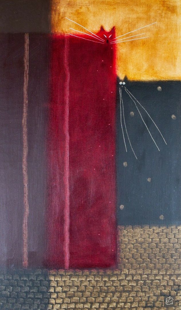 GOVINDER NAZRAN (BRITISH, 1964-2008) -TWO CATS- ORIGINAL OIL ON CANVAS, SIGNED