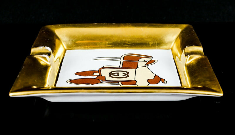 GUCCI, ITALY - HORSE SADDLE RECTANGULAR PORCELAIN GOLD PAINTED ASHTRAY PIN DISH