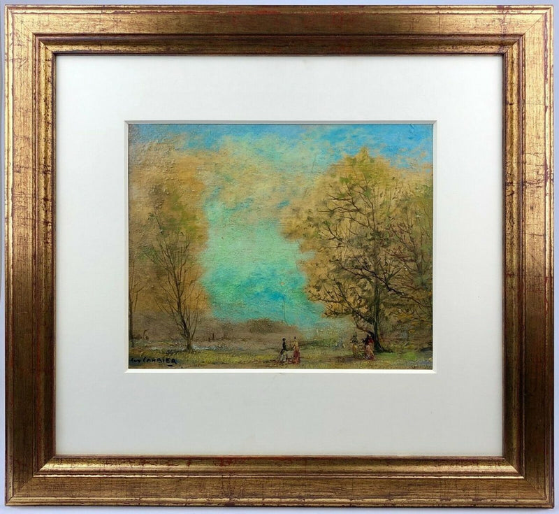 GUY CAMBIER - PARKLAND LANDSCAPE FIGURES, OIL ON BOARD, SIGNED