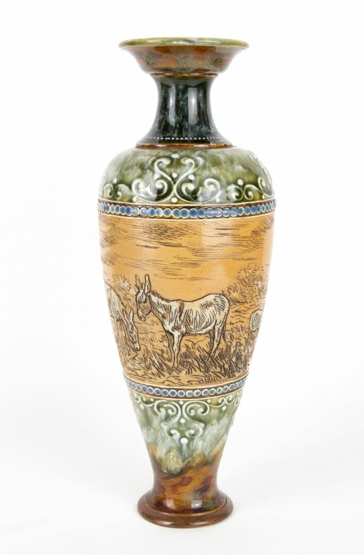 HANNAH BARLOW for ROYAL DOULTON, DONKEYS SHEEP LANDSCAPE, STONEWARE SLENDER VASE