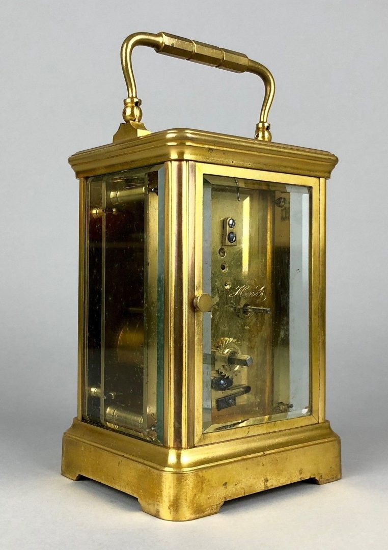 HENRI JACOT, PARIS - C19th FRENCH BRASS/GLASS TRAVEL CARRIAGE TIMEPIECE CLOCK 9229