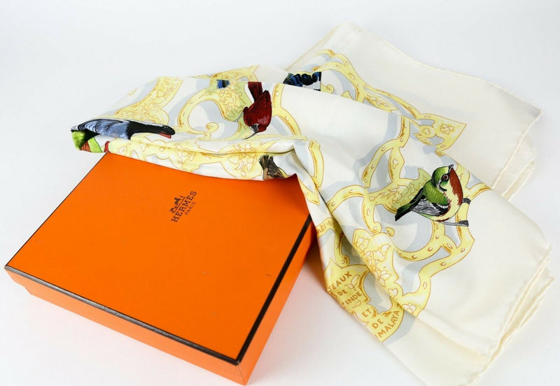 HERMES, PARIS -OISEAUX DE L'INDE ET DE L'HIMALAYA- LADIES BIRD SILK SCARF, BOXED