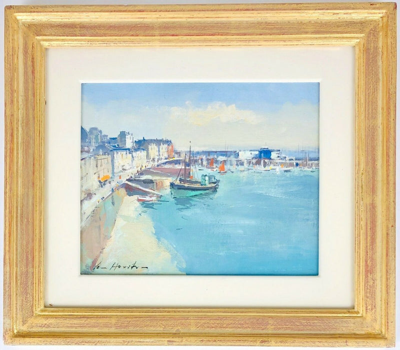 IAN HOUSTON (BRITISH, b.1934) -SUNLIT HARBOUR, DOUARNENEZ- OIL ON BOARD PAINTING , SIGNED