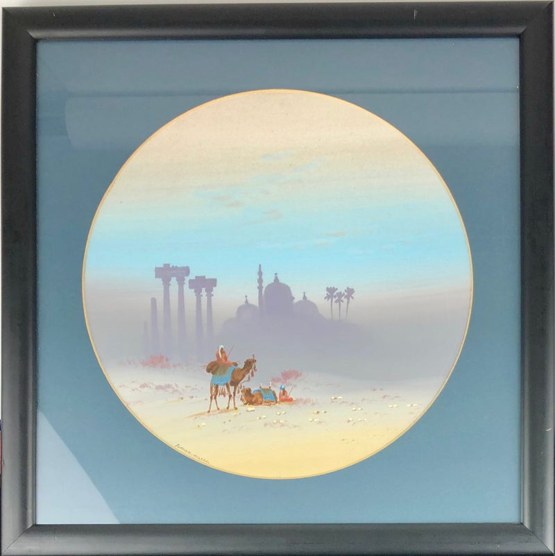 FURNESS WILSON - EGYPTIAN DESERT LANDSCAPE CAMELS, CIRCULAR GOUACHE SIGNED