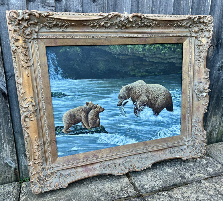 STEPHEN GAYFORD, BROWN BEARS FISHING FOR SALMON, LARGE ACRYLIC PAINTING, SIGNED