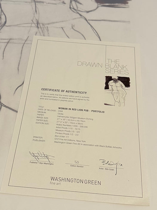 BOB DYLAN, 'WOMAN IN RED LION PUB' LIMITED EDITION DRAWN BLANK SERIES PRINT 2008