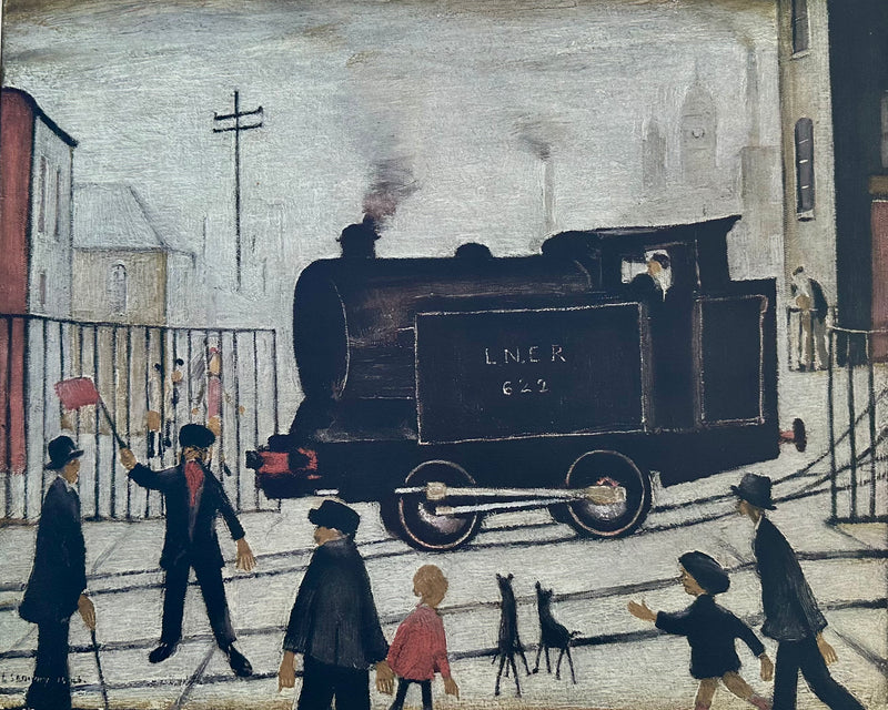 L.S. LAURENCE STEPHEN LOWRY, 'LEVEL CROSSING WITH TRAIN', SIGNED COLOUR PRINT