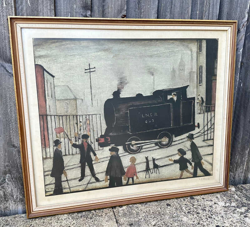 L.S. LAURENCE STEPHEN LOWRY, 'LEVEL CROSSING WITH TRAIN', SIGNED COLOUR PRINT