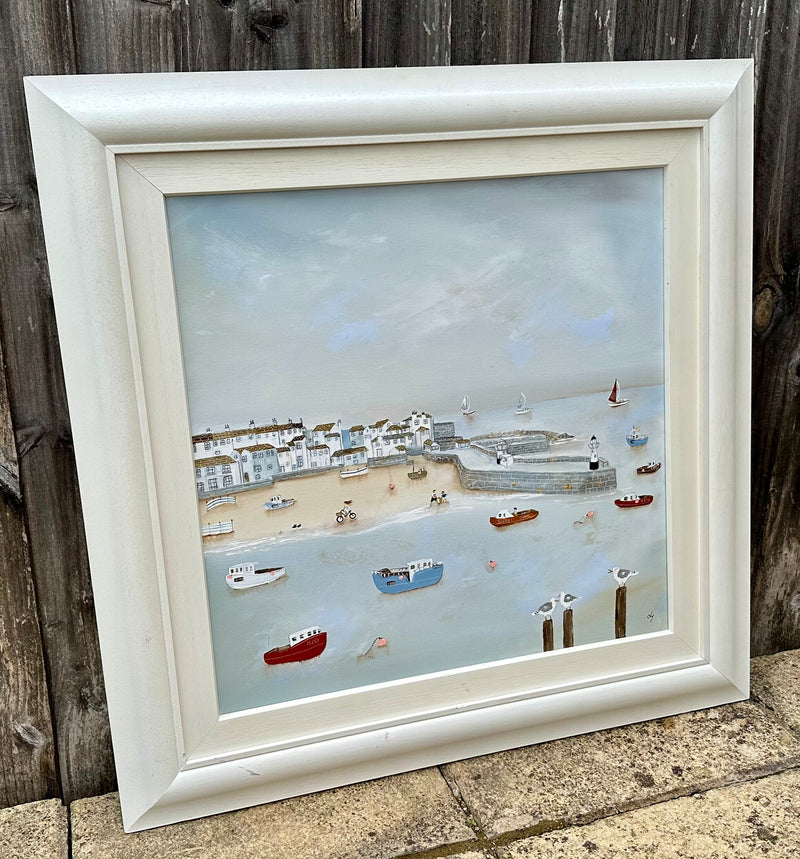 LUCY YOUNG, 'SUNNY HARBOUR', ST IVES SEASIDE, LARGE ORIGINAL OIL PAINTING, SIGNED