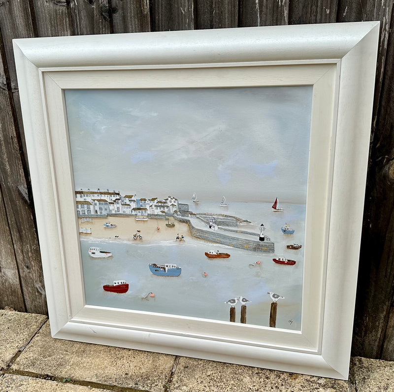 LUCY YOUNG, 'SUNNY HARBOUR', ST IVES SEASIDE, LARGE ORIGINAL OIL PAINTING, SIGNED