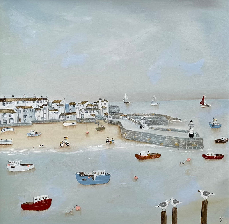 LUCY YOUNG, 'SUNNY HARBOUR', ST IVES SEASIDE, LARGE ORIGINAL OIL PAINTING, SIGNED