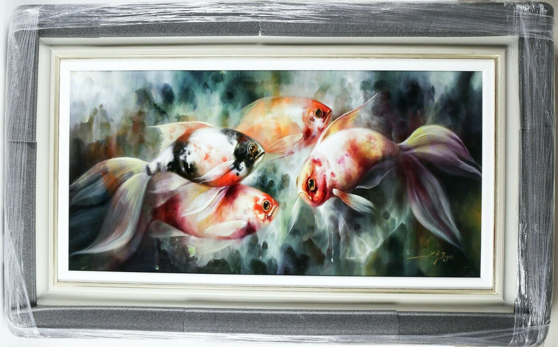 JOSE MANUEL REYES (SPANISH, C20th) -TRANQUILITY II- EXOTIC FISH STUDY, OIL ON BOARD, SIGNED