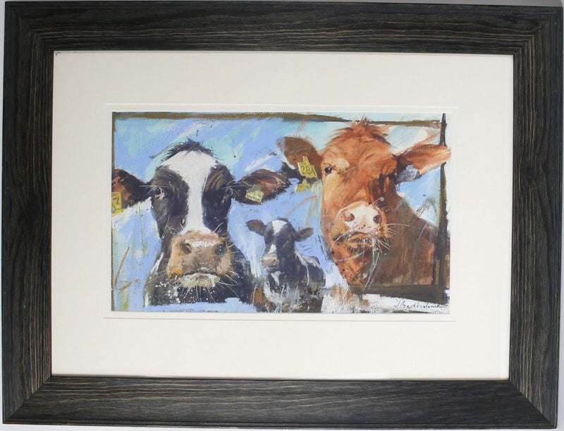 JAMES BARTHOLOMEW RSMA (BRITISH, C20th) -THREE COWS- MIXED MEDIA PAINTING, SIGNED