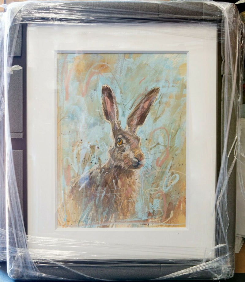 JAMES BARTHOLOMEW RSMA (BRITISH, C20th) -HARE ON BLUE- ORIGINAL PAINTING, SIGNED