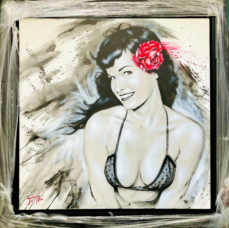 JEN ALLEN (BRITISH, C20th) -BETTIE PAGE II- PORTRAIT STUDY, PAINTING ON BOX CANVAS, SIGNED