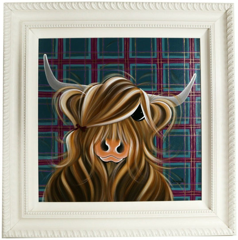 JENNIFER HOGWOOD (b.1980) -TARTAN LOVE- HIGHLAND COW, OIL ON CANVAS, SIGNED