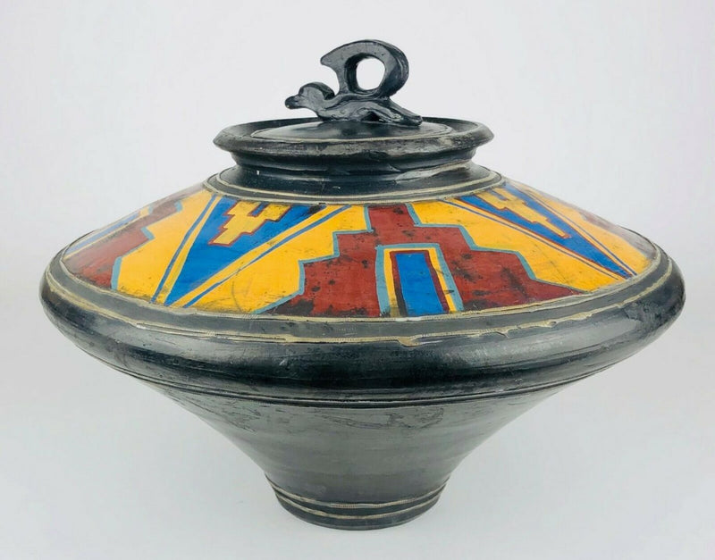 JOHN BEDDING - LARGE ST IVES STUDIO ART RAKU POTTERY GEOMETRIC AZTEC JAR POT VASE